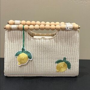 Haute Hippie | Lemon Embroidered Handbag w/ Bag Charm & Wooden Beaded Handles 🍋
